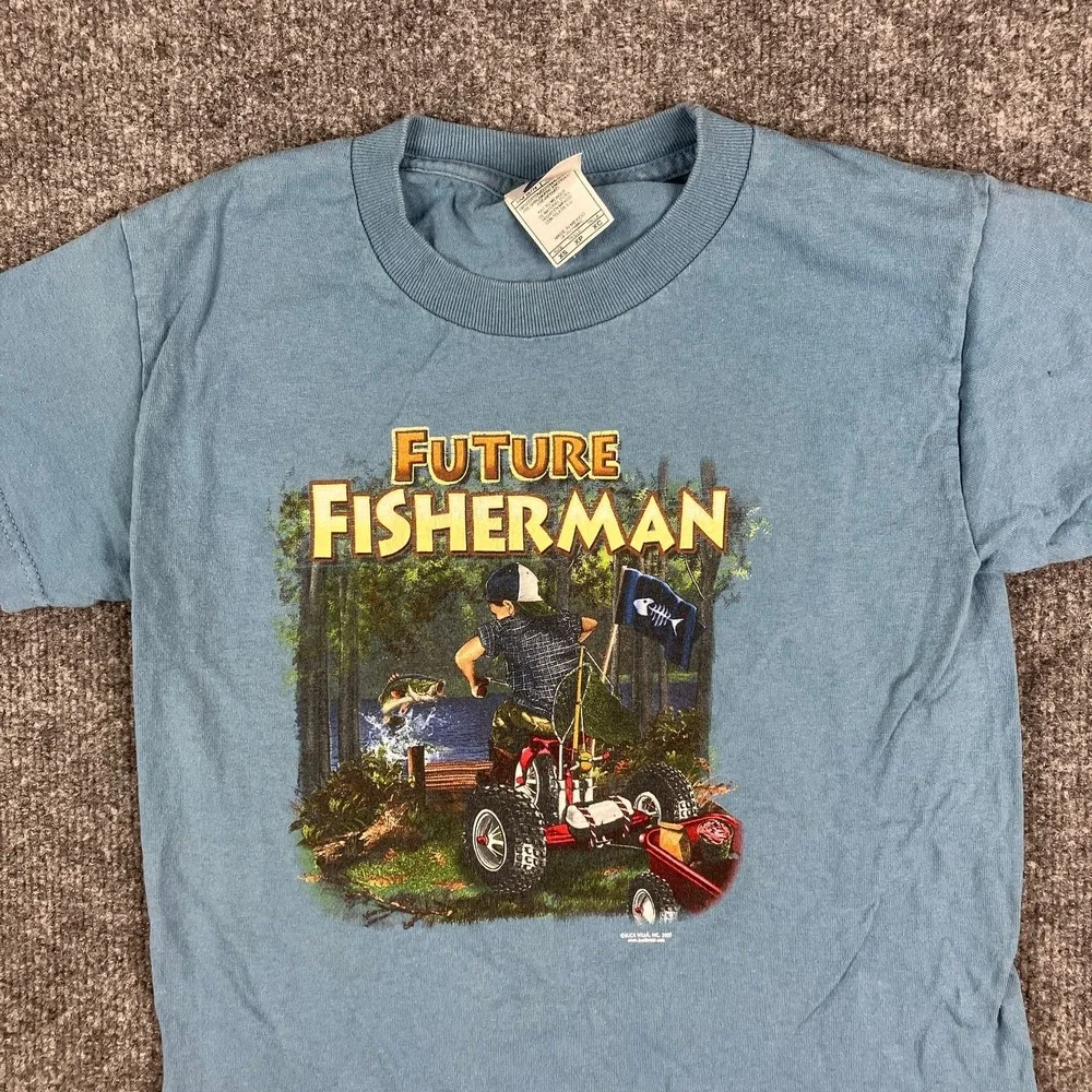 Alstyle T-Shirt Youth XS Blue Future Fisherman Graphic Short Sleeve Outdoors Tee